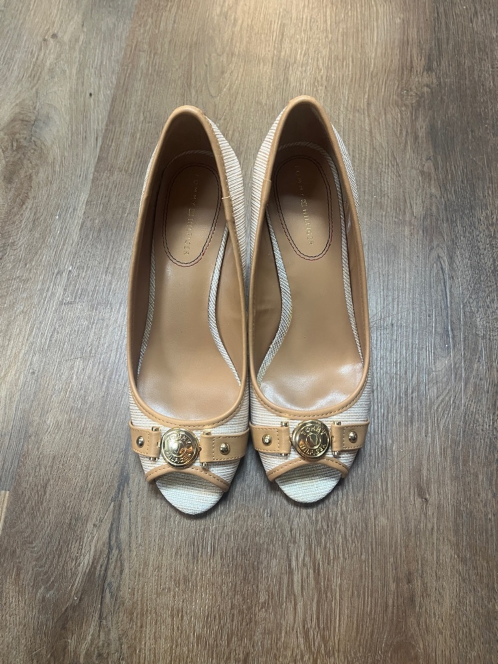 Tommy Hilfiger Tatiana Tweed Cork Wedge Peep Toe Pumps Size 7